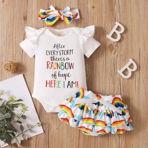 Newborn Baby Girls 2pcs Clothes Set Letter Print Short Sleeve Romper + Rainbow Ruffles Skirt + Bow-knot Headband Toddler Outwear