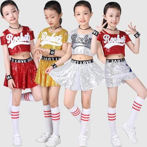Girls Jazz Dance Sequined Ballroom Jazz Hip Hop Dance Competition Costumes Shirt Tops Pants Kid Cheerleaders Dancing Suit