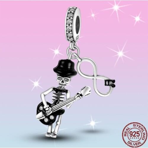HOT SALE 925 Sterling Silver Eternal Symbol Guitar Skeleton Charm Beads Fit Original Pandora Bracelet Pendant Necklace Jewelry
