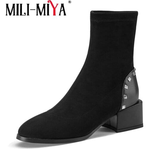 MILI-MIYA Lovely Faux Suede Rivet Inlaid Round Toe Slip On Women Ankle Boots Fashion Black Thick High Heels Wild Shoes Plus Size