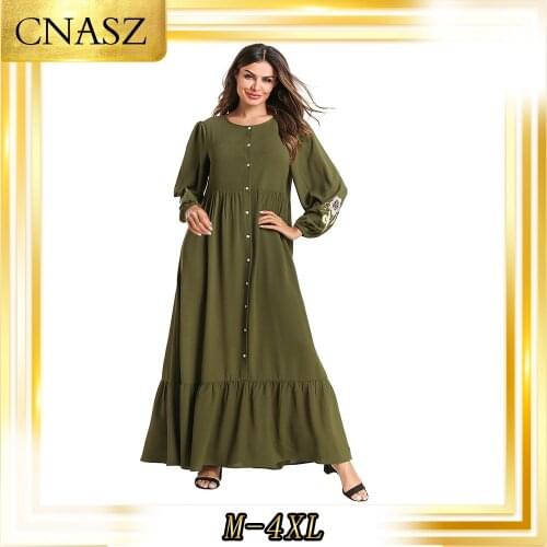 Middle Eastern Muslim Robes Long Sleeve Single Row Front Open Large Size Womens Embroidered Dress