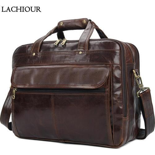LACHIOUR 15 inch Laptop Handbags Men Large Genuine Leather Travel Messenger Bag Male Documents Office Briefcase For Tablet