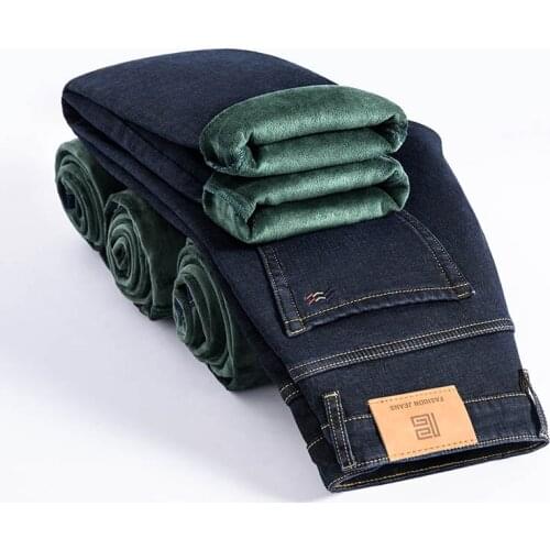 2021 Winter New Mens Thick Green Fleece Warm Jeans Classic Style Business Regular Fit Elasticity Denim Pants Male Blue Black