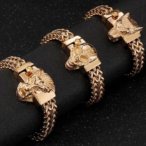 Gothic Stainless Steel Men Bracelet With Skull Wolf Lion Head Bracelets Man Gift Bag Mens Jewellery Wholesale Items Dropshipping
