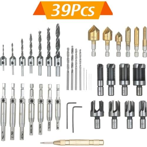 39Pcs Woodworking Chamfer Drilling Tools Set Including 8Pcs Wood Plug Cutter + 6Pcs 1/4 Inch Hex 5 Flute 90 Degree Countersink