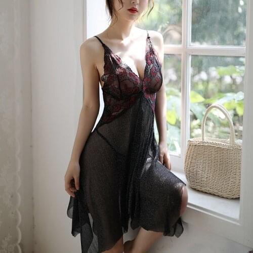 Sexy Dress for Sex Night Women Shiny Night Gowns V Neck Sleepwear See Through Nightwear Nighty Femme Nightdress Sumemr