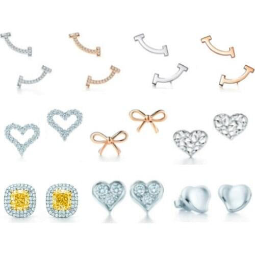 NEW 100% 925 Silver Heart Shape Stud Tif Earrings Smile Stud Zircon Rose Gold 18K Gold Jewelry Match World Jewelry Gift