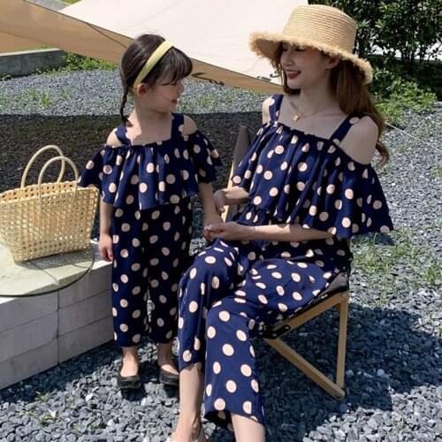 New Summer Mother & Daughter Clothes Sets Polka Dot Chiffon 2pcs Off Shoulder Jumpsuit Romper Mother Daughter Matching Clothes