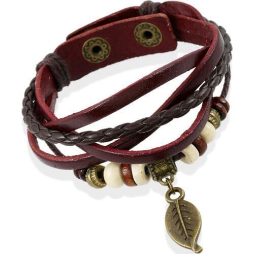 Wholesale Handmade Bracelets Women Girls Leaf Charm Leather Bracelet for Woman or Girl Gifts 7 Colors Multi Layers Braid Jewelry