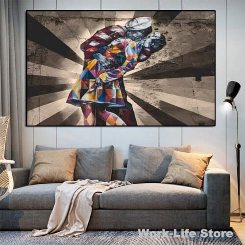 Retro Graffiti Street Art Abstract Victory Kiss Picture Canvas Painting Posters and Prints Wall Pictures for Living Room Decor
