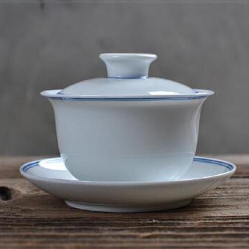Hand-painted double-line gaiwan three-piece tea set or black rough pottery pigmented elegant oolong tea tool