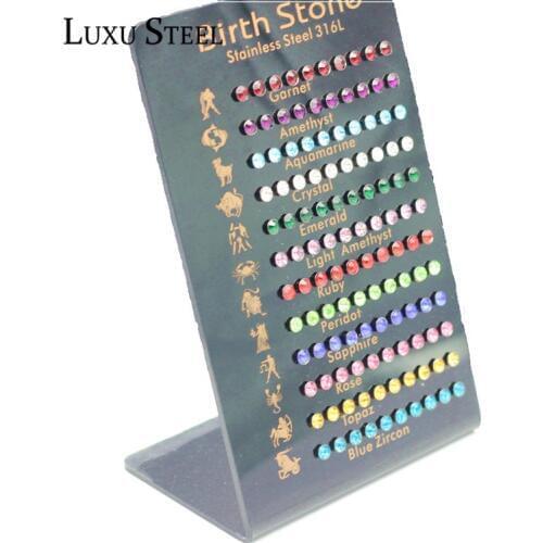 LUXUSTEEL 12 Constellations Birth Stone Push Back Crystal Stud Earrings Stainless Steel 60Pairs/Card Cubic Zirconia Earring Sets