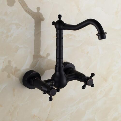 Modern Oil Rubbed Bronze Wall Mounted Dual Cross Handles Kitchen Bathroom Vessel Sink Faucet Mixer Taps ahg014