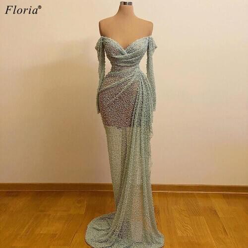Turkish Couture Mint Green Prom Dresses Beading Full Sleeves Evening Dresses Women Cocktail Party Dresses Vestidos Elegantes