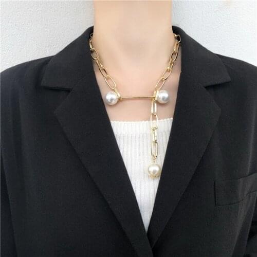 Minar Vintage Gold Color Chunky Chain Pearl Necklace for Women Charming Hollow Link Chains Chokers Necklaces Collars Jewellery