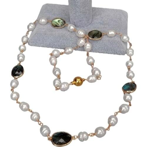 YYGEM natural White Rice freshwater Pearl Rosary Chain Faceted Pear labradorite Bezel Set sweater chain Wrap Necklace 28"