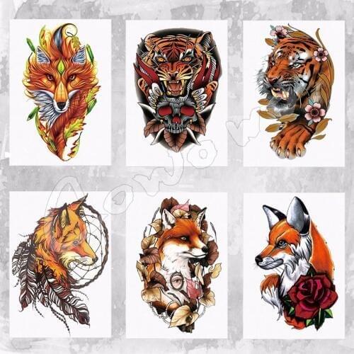 Yellow Fox and Feather Cool Beauty Tattoo Waterproof Hot Temporary Tattoo Stickers, All Kinds Of Animals