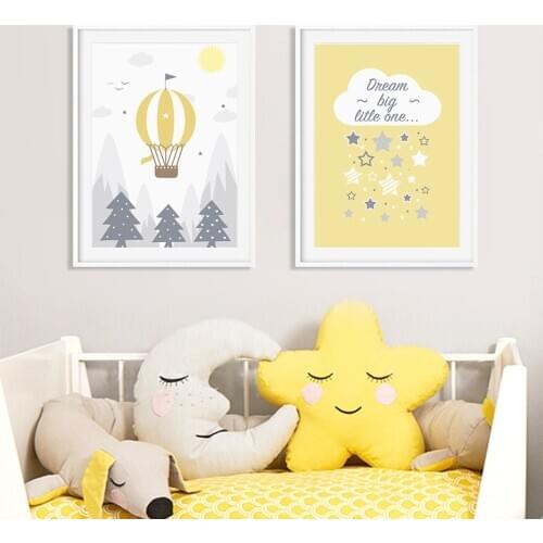 Cartoon Yellow Hot Air Balloon Nursery Decor Personalised Name Poster Baby Wall Art Canvas Painting Diy Print Picture Home Decor