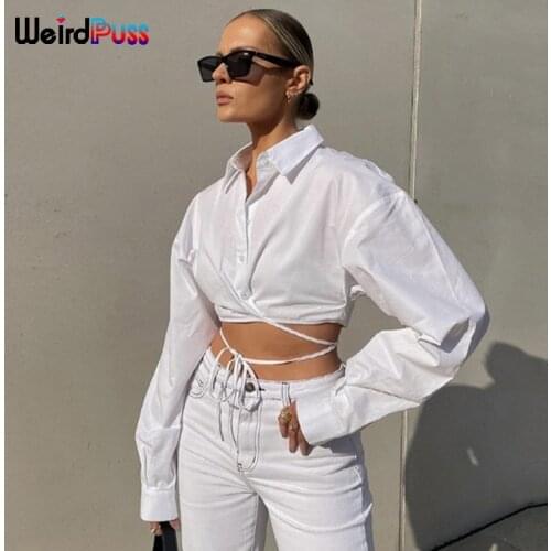 Weird Puss Y2K Bandage Shirt Women 2021 Autumn Long Sleeve Tops Slim Fashion Design Office Clothing Solid Casual Wild Streetwear