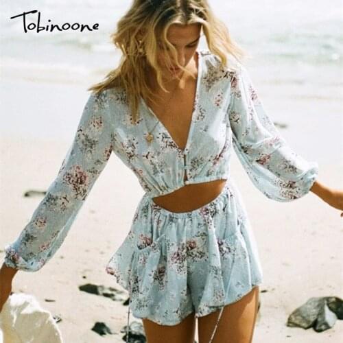 Tobinoone 2020 Print Summer Sexy romper women Jumpsuit Deep v neck Long Sleeves Button Playsuits Romper Floral Print Jumpsuits