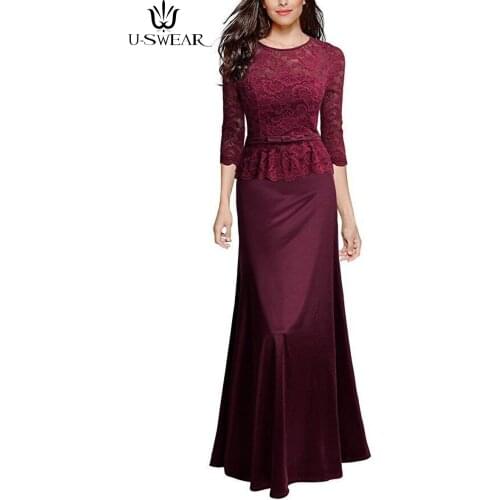 U-SWEAR new high-end womens round neck sleeves lace dress bridesmaid wedding party dinner dress embroidery dress