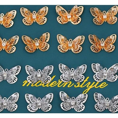 10Pcs 23*16mm Alloy Multilayer Filigree Butterfly Charms Gold Silver Color Metal Rhinestone Insect Charm For DIY Jewelry Making