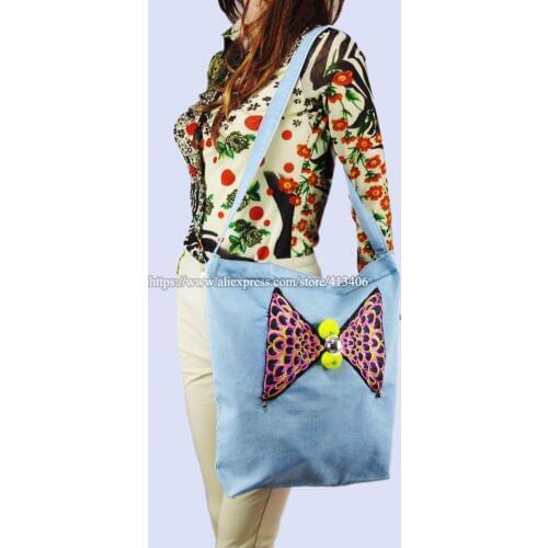 2-usage Vintage Hmong Denim Bohemian hobo tote bag embroidery handbags large shopping shoulder Bell travel Bags pom charm 1019