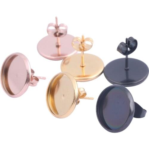 Onwear 20pcs stainless steel rose gold black cabochon earring base blanks 12mm dia stud post earrings settings with backs