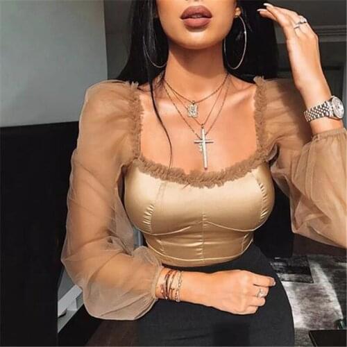 2021 Womens Tops and Blouses Ladies Tulle Square Neck Frill Mesh Top Vintage Puff Long Sleeve Party Tee Shirt Elegant Blouse Top
