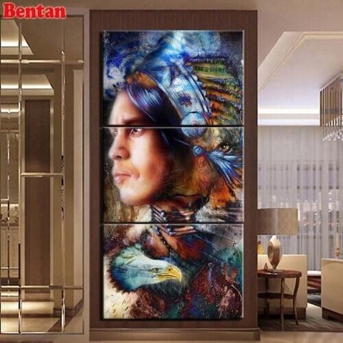 5D diamond painting Indian Man Feather cross stitch 3 pcs DIY square round diamond embroidery beads mosaic cyrstal painting
