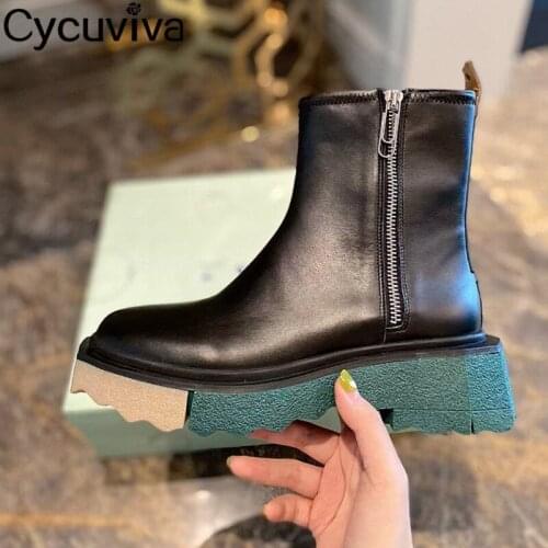 Thick Sole Platform Ankle Boots Women Zip Side Genuine Leather Botas Female Designer Lace Up Mid-calf Chelsea Boots Women Shoes