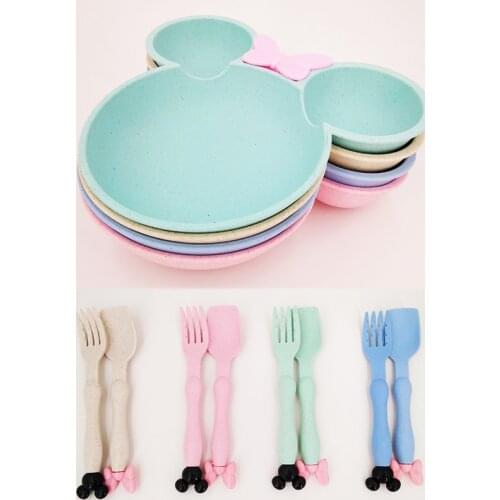 Baby Bowl Baby Plate Spoon-Fork Tableware-Set Straw-Bowl Wheat Dinner-Plate Baby Kids Children Cartoon Baby Training Bowl Spoon