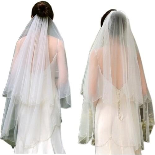 2 Tier Wedding Bridal Veil with Comb Cut Edges with Glittering Crystal Beads Tulle Veil for Bride Bridesmaid Flower Girl