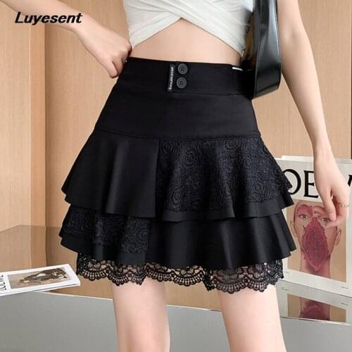 Gothic Black Girl A-line Mini Skirt Lace Sexy Lady Pleated High Waist Summer Skirts Street Button Letter Korean Fashion Clothes