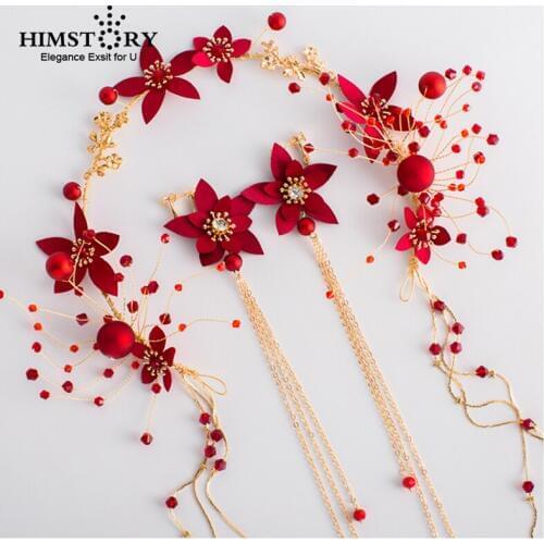 HIMSTORY Charming New Bridal Red Flower Hairband Wedding Pearl Tiaras and Earrings Vintage Chinese Wedding Hair Accessories