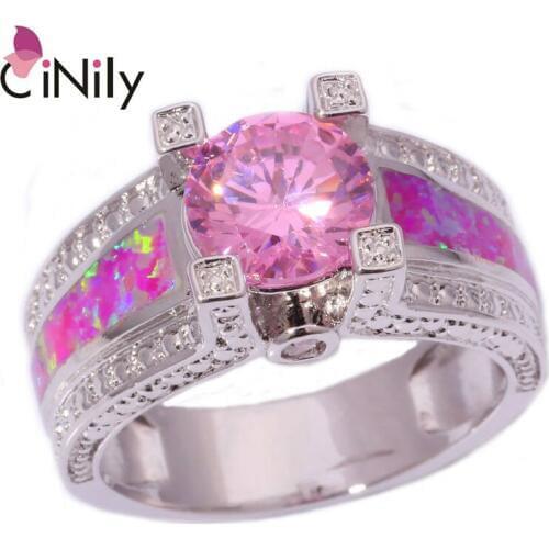 CiNily Created Pink Fire Opal Pink Zircon Cubic Zirconia Silver Plated Wholesale for Women Jewelry Gift Ring Size 7 8 9 OJ6132