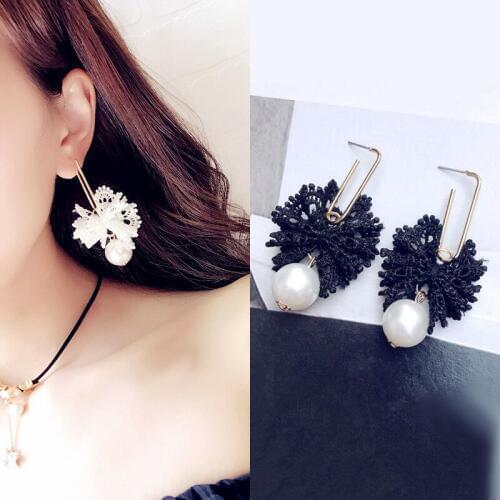 Korean Weave Lace Bow Handmade Earrings for Women Sweet Big Simulated Pearl Earring Party Jewelry Bijoux Statement Brincos 2020
