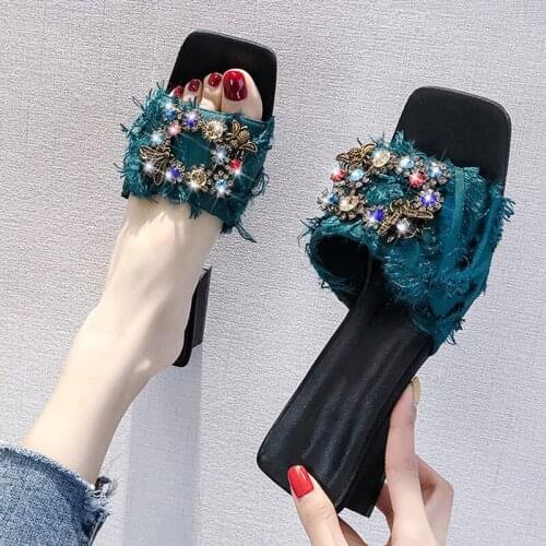 Summer Fashion Ladies Slippers Outer Wear Woman Slippers Rhinestones Thick Heels
