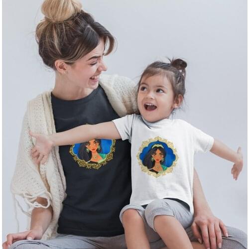 Summer Family Look Outfits Short Sleeve Black White Disney Princess Jasmine Kawaii Korean Style Baby Girl Boy Breathable Unisex