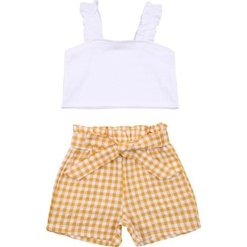 2-7Y Toddler Kids Baby Girl Sleeveless Tank Tops High Waist Plaid Shorts Bottom 2PCS Outfits Summer Clothes Set