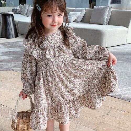 Girls Floral Princess Dress Spring And Autumn New Long-Sleeve Printed Ruffle Cute Sweet Dresses WTA11