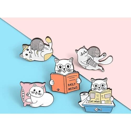 Cats Daily Enamel Pin Custom Cat Kitten Knitting Reading Playing Pillow Brooches Bag Lapel Pin Animal Badge Cute Jewelry Gift