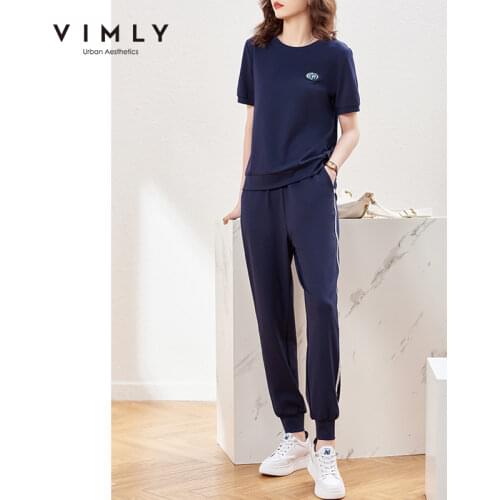 VIMLY New Summer Two Piece Set Women Casual Embroidery Loose Tshirts High Waist Elastic Pants 2021 Korean Women Tracksuit F7536