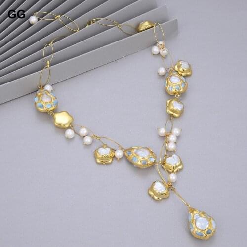 GuaiGuai Jewelry Natural Freshwater Cultured White Keshi Pearl Gold Color Plated Ede Blue Larimars Chips Necklace 21" For Women