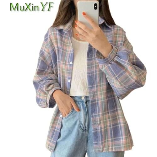 Womens Fashion Joker Plaid Shirts Spring Autumn 2021 Casual Loose Vintage Long Sleeve Cardigan Lady Single Button Coats Blouse