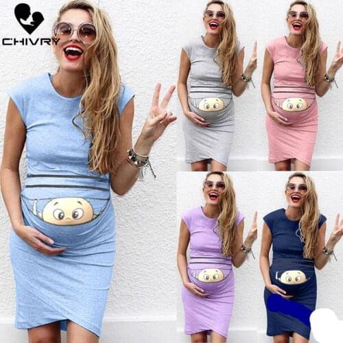 Chivry 2019 Women Maternity Dress Sleeveless Pregnancy Dress Cartoon Baby Print Dress Creative Pregnant Women Dresses Vestidos
