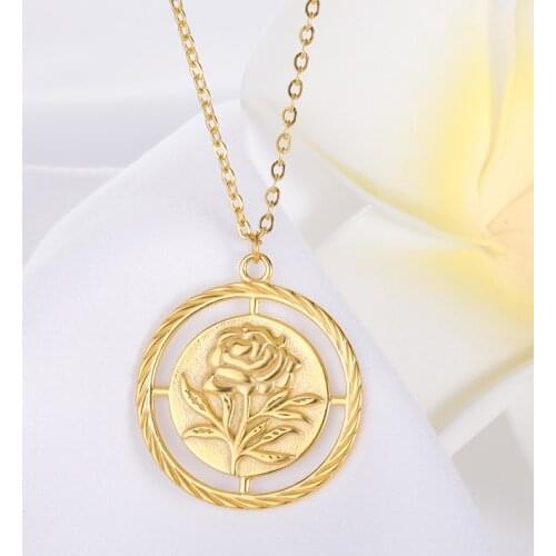 2021 Gold Rose Flower Round Embossment Necklace For Women Stainless Steel Circular Vintage Couple Pendant Choker Jewelry Gifts