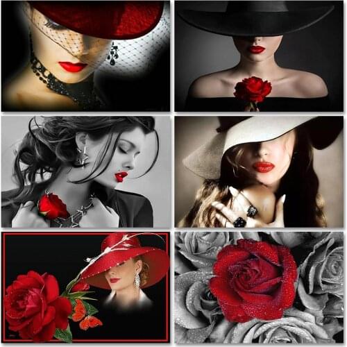 ZOOYA DIY Diamond Embroidery Portrait Pretty Woman Red Hat & Red Lips Diamond Painting Cross Stitch Full Mosaic Decoration BK441