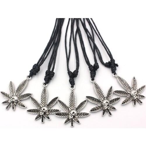 10pcs Gothic Vintage Silver Skull Maple Leaf Pendants Necklaces Hemp Rope Leaves Charms Hip Hop Jewelry Wholesale XL88