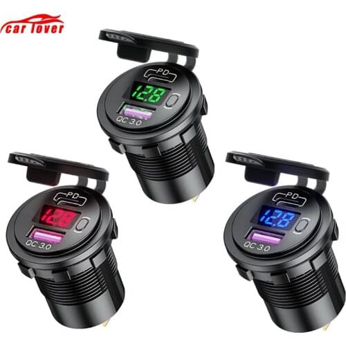 12V-24V PD QC 3.0 Quick USB Charger Type C Car Charger Socket Waterproof with LED Voltmeter Switch for Car Motorcycle Boat RV